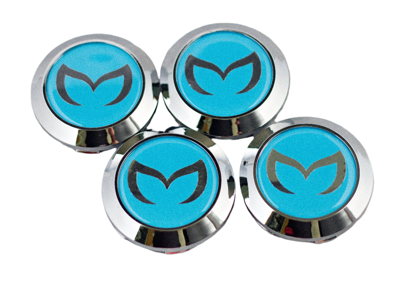 Chrome Mazda Evil M on light blue background with a chrome cap